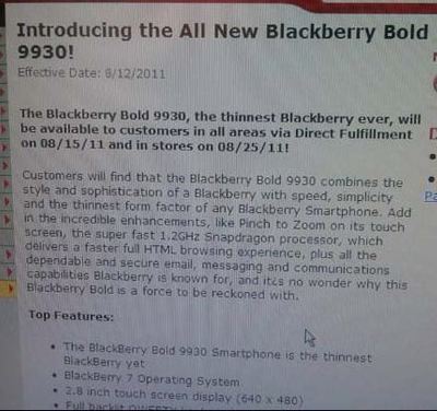 VZW BlackBerry News:  Verizon BlackBerry Bold 9930 Online Release Date 2Morrow in Stores 8/25?